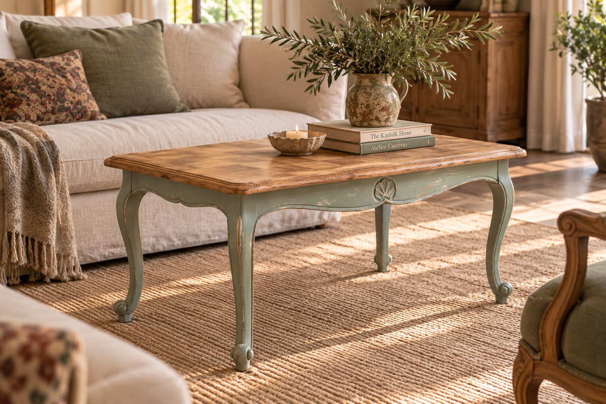 Vintage-Couchtisch Distressed Green – Schachbrettplatte | CAS 028